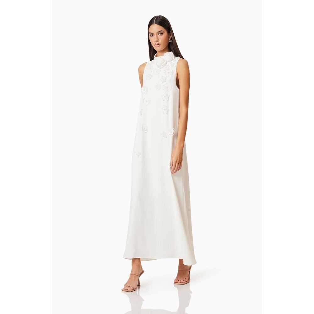 Elliatt White Sleeveless High-Neck Floral Appliqué Wedding Dress